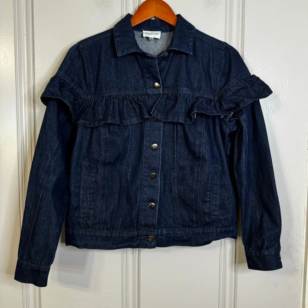 Sugar‎ Lips Dark Wash Denim Ruffle Detail Blue Jean Jacket Button front Size S